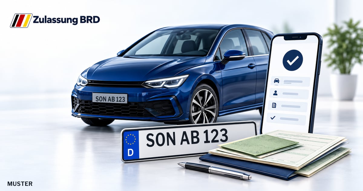 Online Fahrzeugzulassung in Landkreis Sonneberg: Musterkennzeichen SON AB 123, Auto und Fahrzeugpapiere und Smartphone. Illustration mit Logo von Zulassung BRD.
